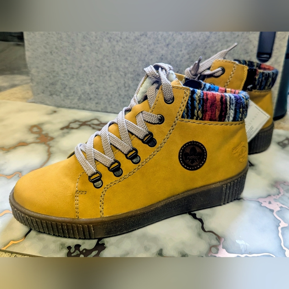 Rieker Mustard Ankle Boots with Colorful Knit Collar